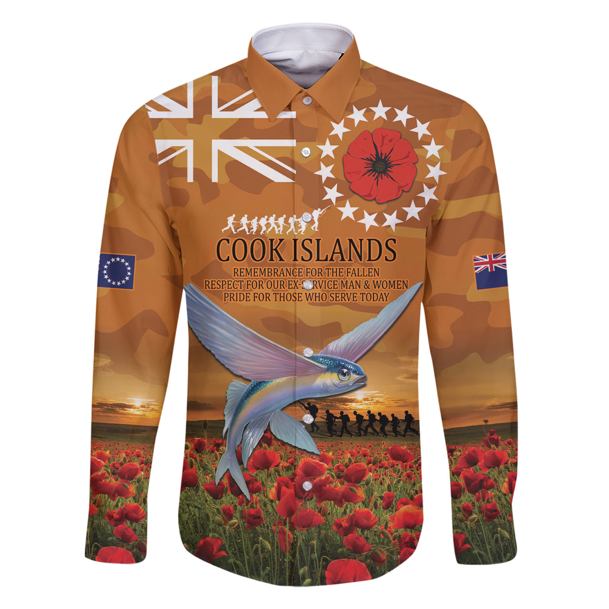 Cook Islands ANZAC Day Personalised Family Matching Off Shoulder Maxi Dress and Hawaiian Shirt with Poppy Field LT9 Dad's Shirt - Long Sleeve Art - Polynesian Pride