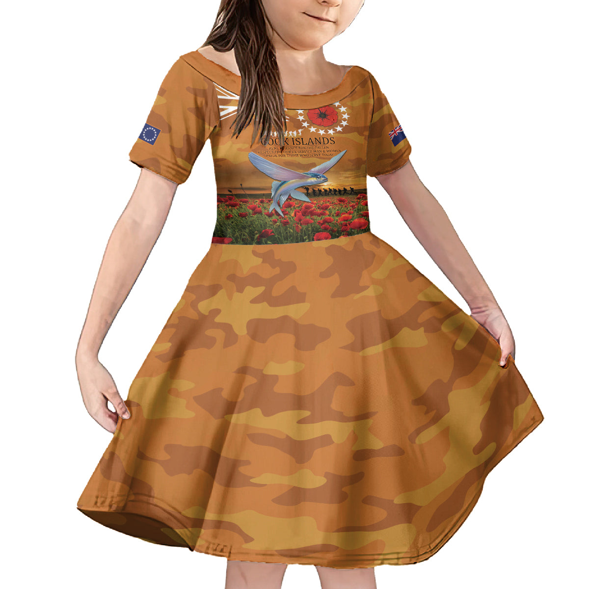 Cook Islands ANZAC Day Personalised Family Matching Off Shoulder Short Dress and Hawaiian Shirt with Poppy Field LT9 Daughter's Dress Art - Polynesian Pride