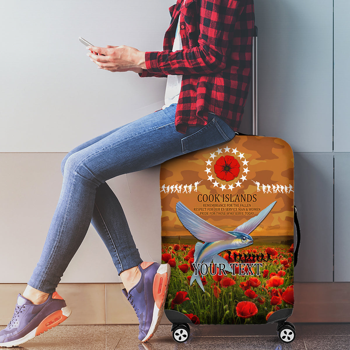 Cook Islands ANZAC Day Personalised Luggage Cover with Poppy Field LT9 - Polynesian Pride