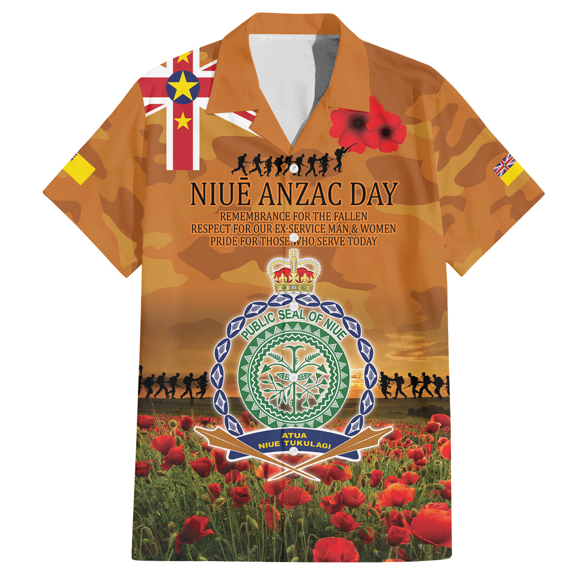 Niue ANZAC Day Personalised Family Matching Off Shoulder Long Sleeve Dress and Hawaiian Shirt with Poppy Field LT9 Dad's Shirt - Short Sleeve Art - Polynesian Pride