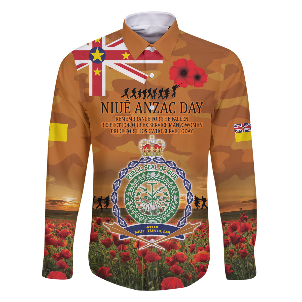 Niue ANZAC Day Personalised Family Matching Summer Maxi Dress and Hawaiian Shirt with Poppy Field LT9 Dad's Shirt - Long Sleeve Art - Polynesian Pride