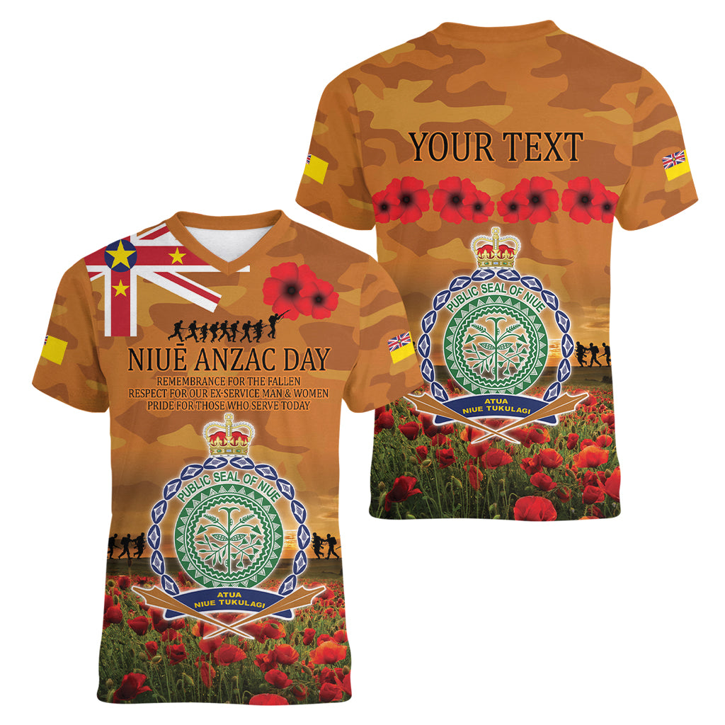 Niue ANZAC Day Personalised Women V Neck T Shirt with Poppy Field LT9 - Polynesian Pride