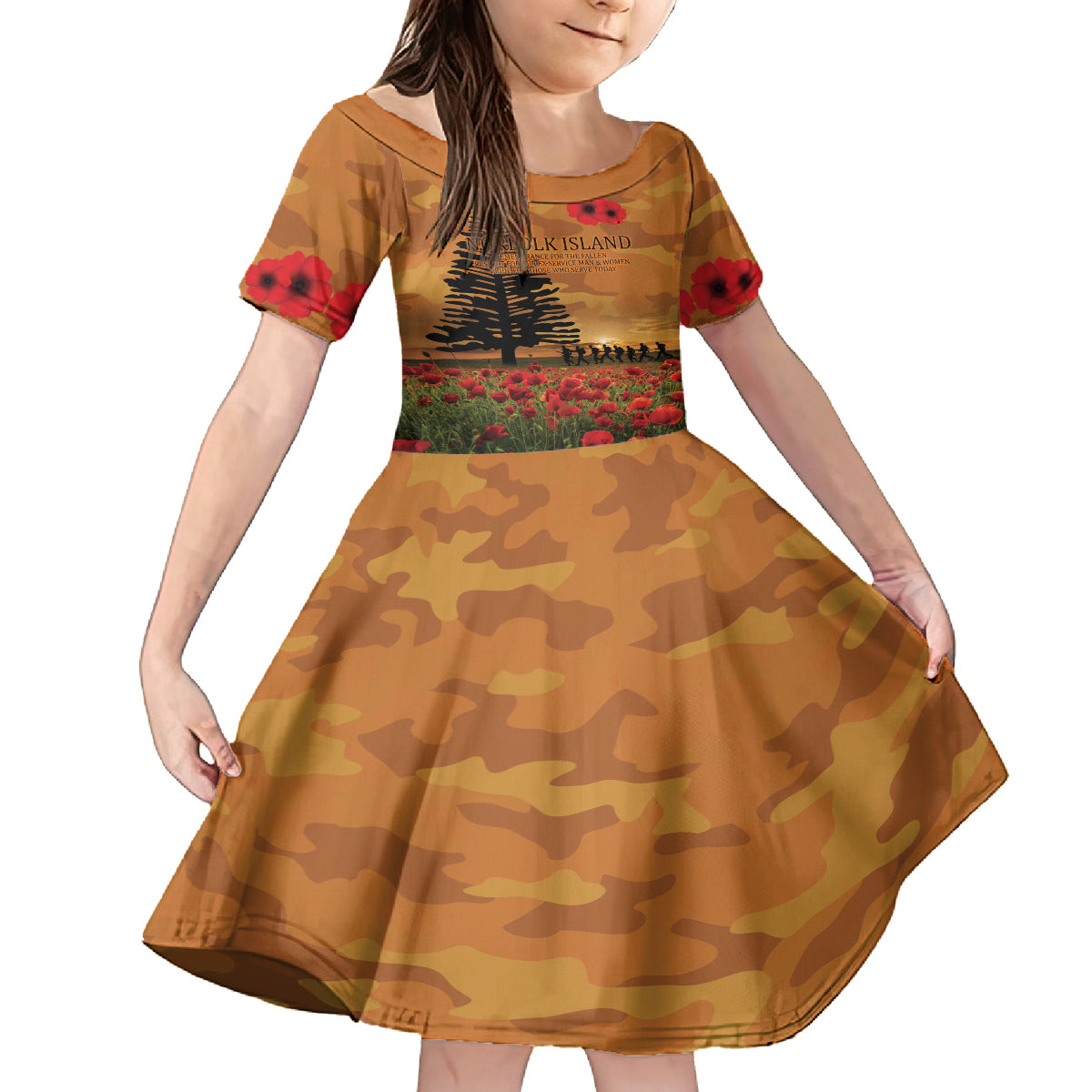 Norfolk Island ANZAC Day Personalised Family Matching Off Shoulder Long Sleeve Dress and Hawaiian Shirt with Poppy Field LT9 Daughter's Dress Art - Polynesian Pride