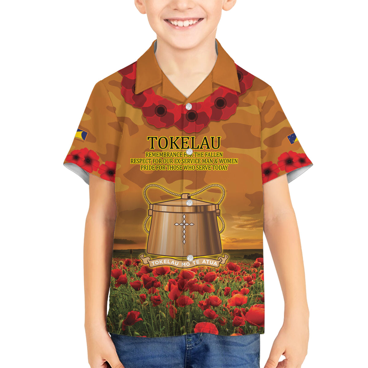Tokelau ANZAC Day Personalised Family Matching Puletasi and Hawaiian Shirt with Poppy Field LT9 Son's Shirt Art - Polynesian Pride