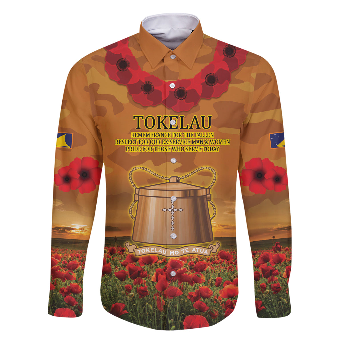 Tokelau ANZAC Day Personalised Family Matching Summer Maxi Dress and Hawaiian Shirt with Poppy Field LT9 Dad's Shirt - Long Sleeve Art - Polynesian Pride