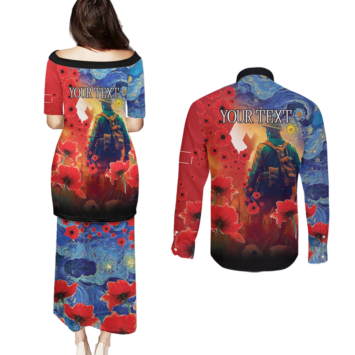 Tonga ANZAC Day Personalised Couples Matching Puletasi and Long Sleeve Button Shirt Soldier Te Tau Manatui Kinautolu with Poppy Field LT9 - Polynesian Pride