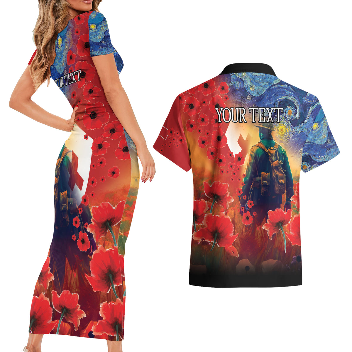 Tonga ANZAC Day Personalised Couples Matching Short Sleeve Bodycon Dress and Hawaiian Shirt Soldier Te Tau Manatui Kinautolu with Poppy Field LT9 - Polynesian Pride