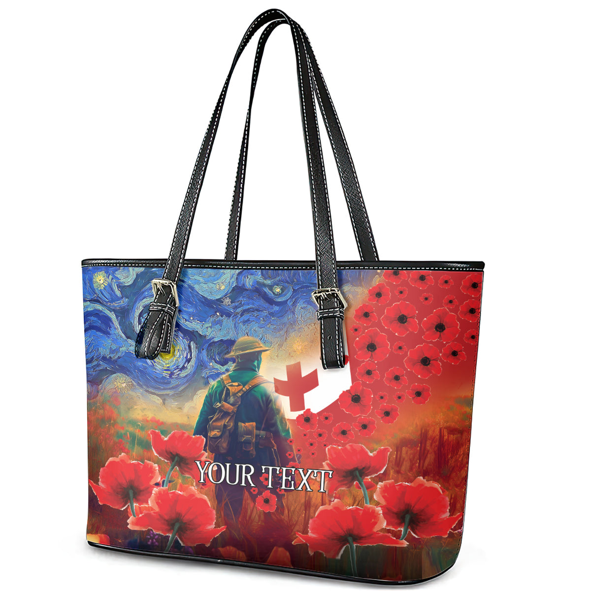 Tonga ANZAC Day Personalised Leather Tote Bag Soldier Te Tau Manatui Kinautolu with Poppy Field LT9 - Polynesian Pride