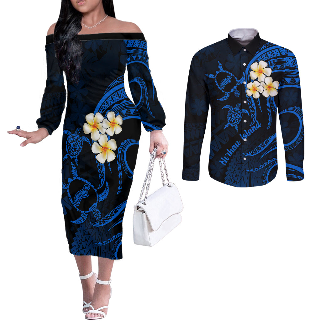 Hawaii Couples Off The Shoulder Long Sleeve Dress and Long Sleeve Button Shirts Niihau Islands Polynesian Sunset Plumeria Blue Vibe LT9 Blue - Polynesian Pride