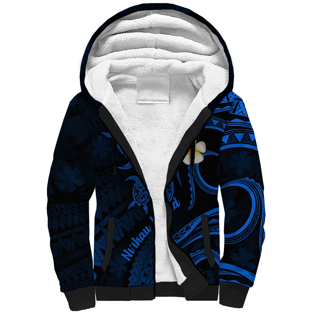 Hawaii Sherpa Hoodie Niihau Islands Polynesian Sunset Plumeria Blue Vibe LT9 Unisex Blue - Polynesian Pride