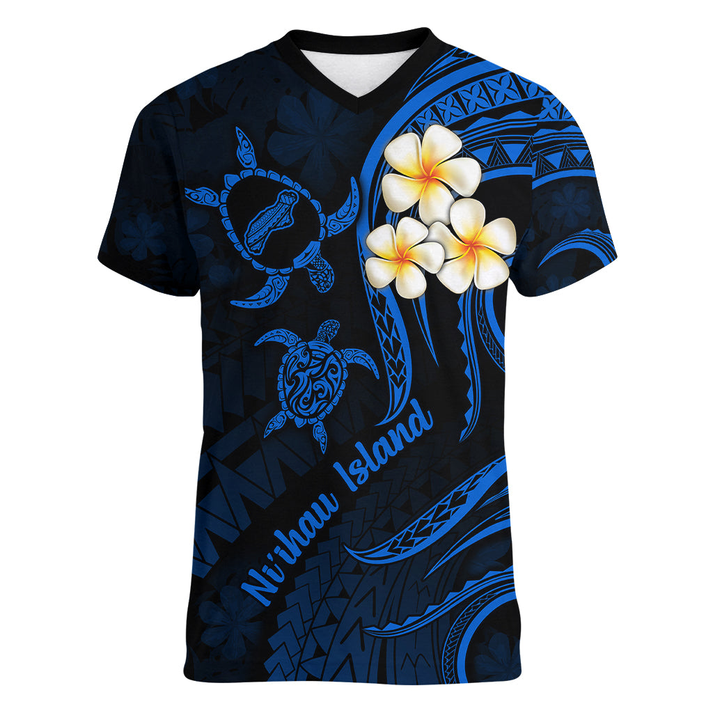 Hawaii Women V Neck T Shirt Niihau Islands Polynesian Sunset Plumeria Blue Vibe LT9 Female Blue - Polynesian Pride
