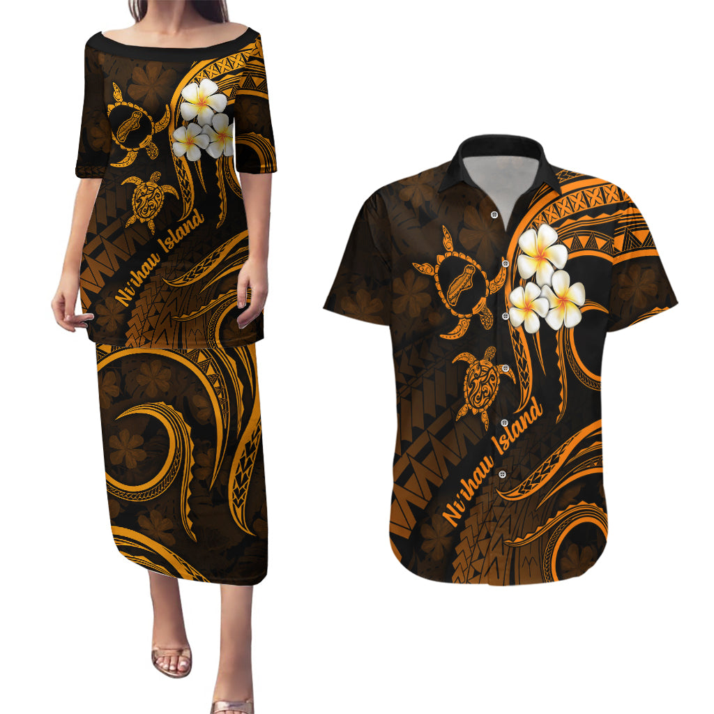 Hawaii Couples Puletasi Dress and Hawaiian Shirt Niihau Islands Polynesian Sunset Plumeria Gold Vibe LT9 Gold - Polynesian Pride
