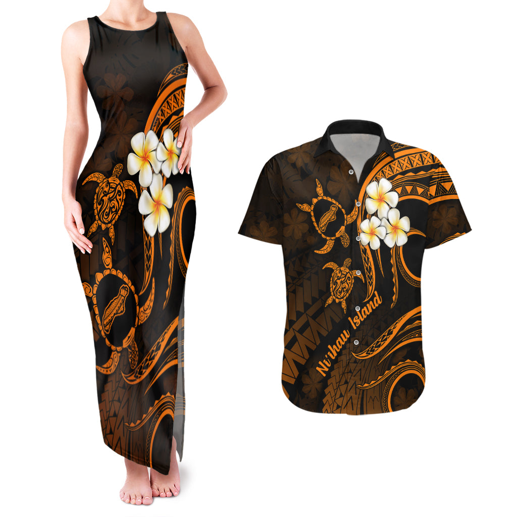 Hawaii Couples Matching Tank Maxi Dress And Hawaiian Shirt Niihau Islands Polynesian Sunset Plumeria Gold Vibe LT9 Gold - Polynesian Pride
