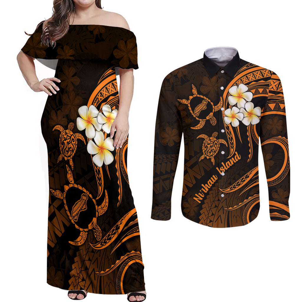 Hawaii Couples Off Shoulder Maxi Dress and Long Sleeve Button Shirts Niihau Islands Polynesian Sunset Plumeria Gold Vibe LT9 Gold - Polynesian Pride