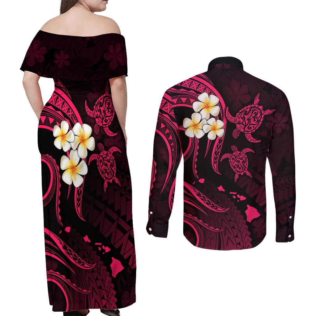 Hawaii Couples Off Shoulder Maxi Dress and Long Sleeve Button Shirts Niihau Islands Polynesian Sunset Plumeria Pink Vibe LT9 - Polynesian Pride