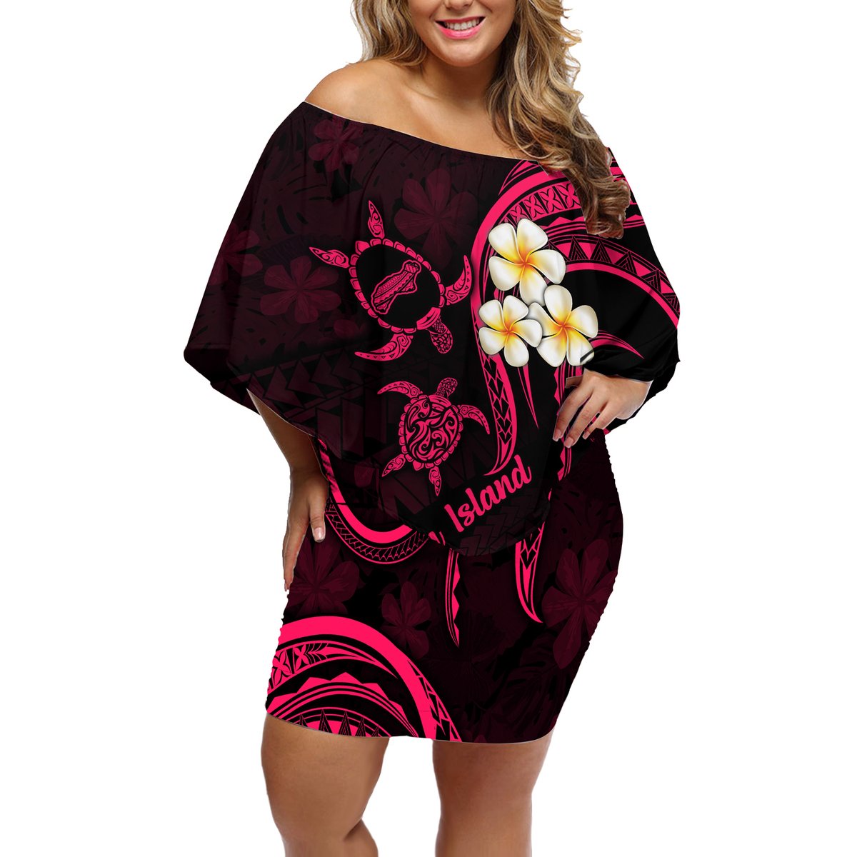 Hawaii Off Shoulder Short Dress Niihau Islands Polynesian Sunset Plumeria Pink Vibe LT9 Women Pink - Polynesian Pride