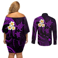 Polynesian Hawaii Couples Off Shoulder Short Dress and Long Sleeve Button Shirts Niihau Islands with Pacific Plumeria Purple Vibe LT9 - Polynesian Pride