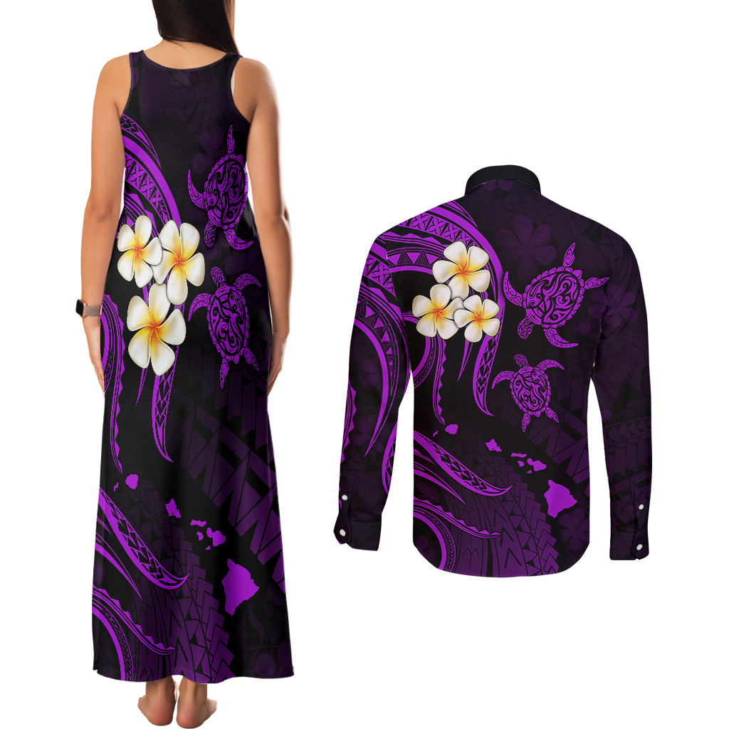 Polynesian Hawaii Couples Matching Tank Maxi Dress and Long Sleeve Button Shirts Niihau Islands with Pacific Plumeria Purple Vibe LT9 - Polynesian Pride
