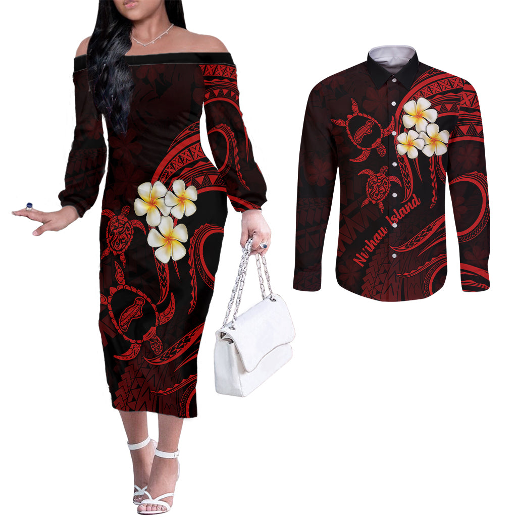 Polynesian Hawaii Couples Off The Shoulder Long Sleeve Dress and Long Sleeve Button Shirts Niihau Islands with Pacific Plumeria Red Vibe LT9 Red - Polynesian Pride