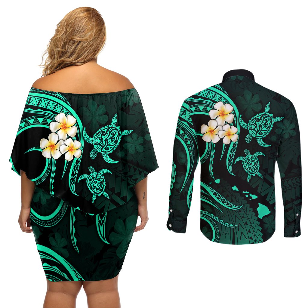 Polynesian Hawaii Couples Off Shoulder Short Dress and Long Sleeve Button Shirts Niihau Islands with Pacific Plumeria Turquoise Vibe LT9 - Polynesian Pride