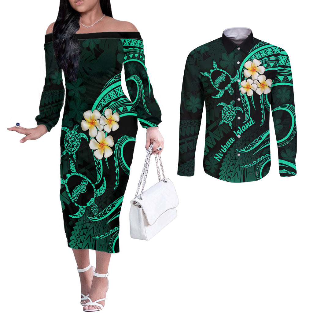 Polynesian Hawaii Couples Off The Shoulder Long Sleeve Dress and Long Sleeve Button Shirts Niihau Islands with Pacific Plumeria Turquoise Vibe LT9 Turquoise - Polynesian Pride