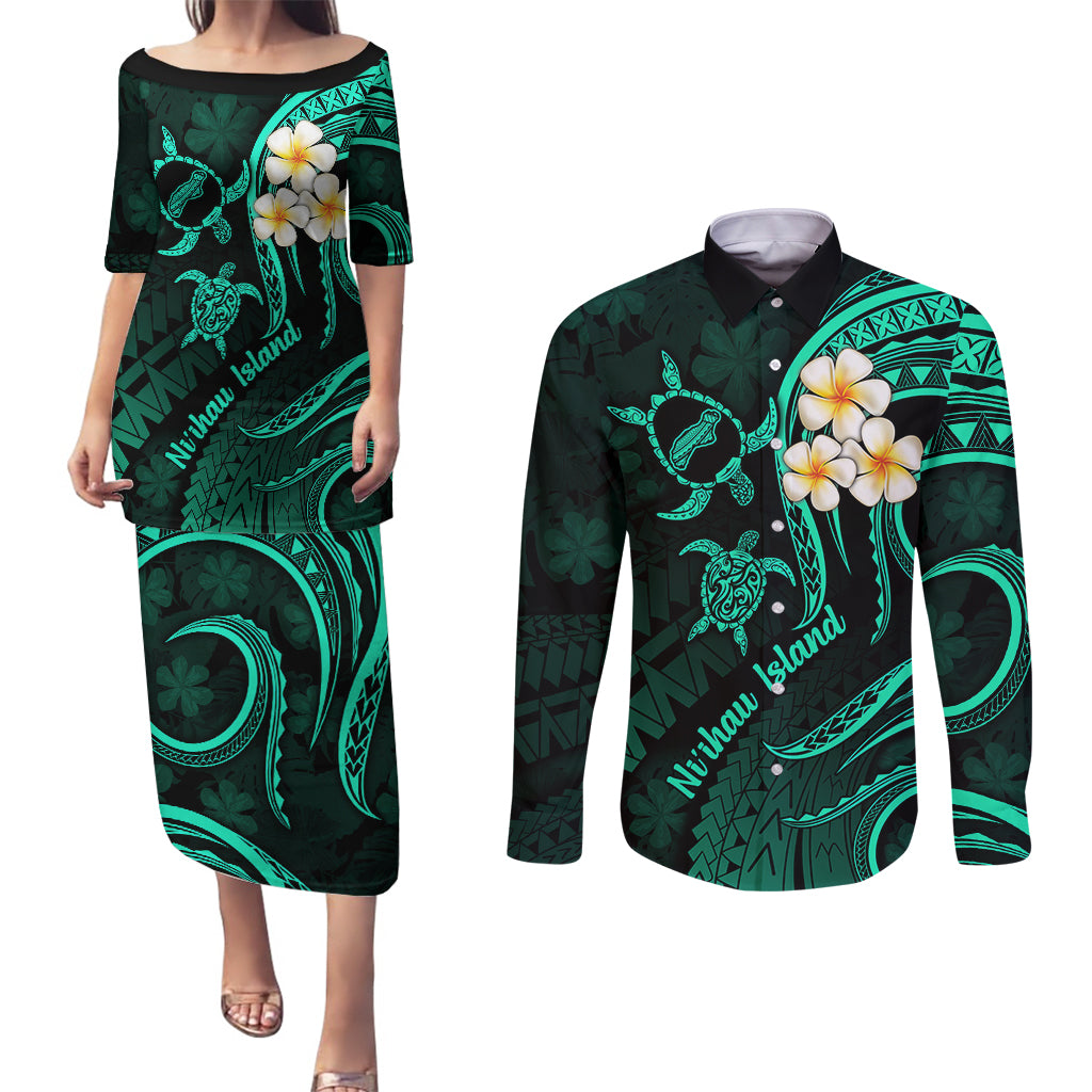 Polynesian Hawaii Couples Puletasi Dress and Long Sleeve Button Shirts Niihau Islands with Pacific Plumeria Turquoise Vibe LT9 Turquoise - Polynesian Pride