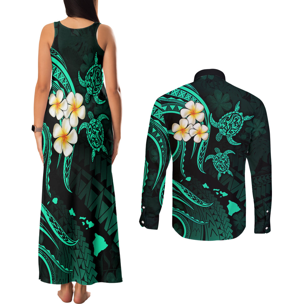 Polynesian Hawaii Couples Matching Tank Maxi Dress and Long Sleeve Button Shirts Niihau Islands with Pacific Plumeria Turquoise Vibe LT9 - Polynesian Pride