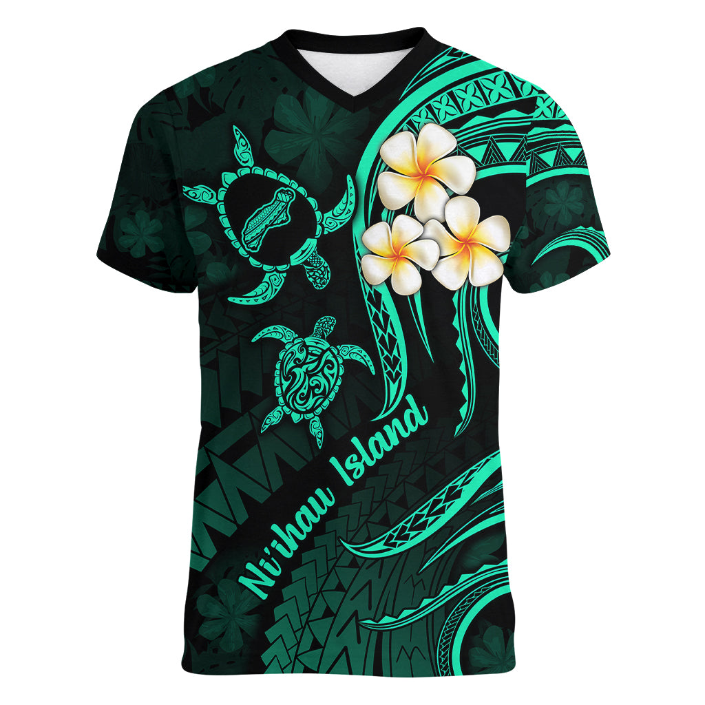 Polynesian Hawaii Women V Neck T Shirt Niihau Islands with Pacific Plumeria Turquoise Vibe LT9 Female Turquoise - Polynesian Pride