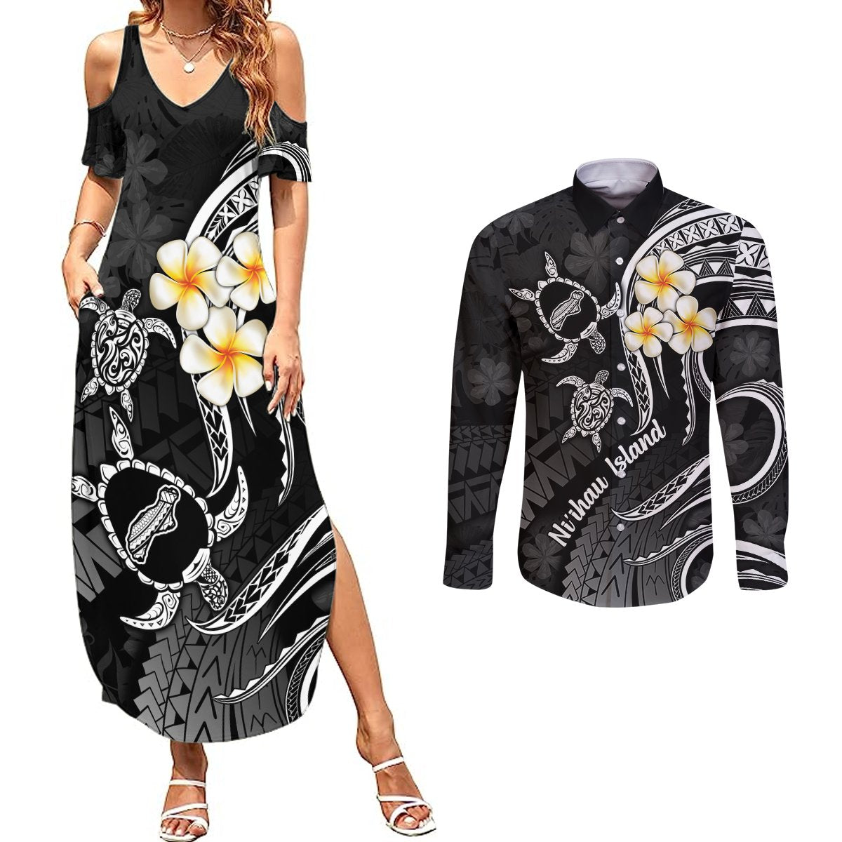 Polynesian Hawaii Couples Summer Maxi Dress and Long Sleeve Button Shirts Niihau Islands with Pacific Plumeria White Vibe LT9 White - Polynesian Pride