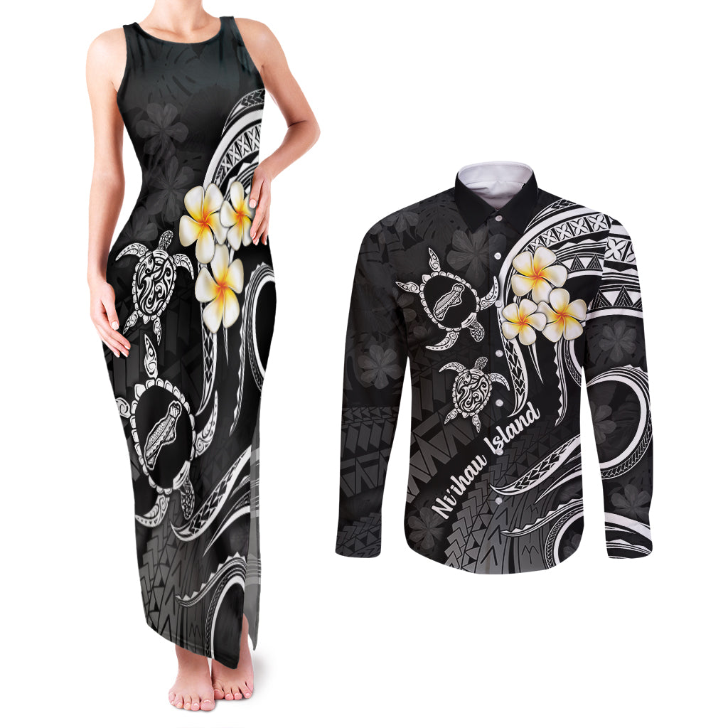 Polynesian Hawaii Couples Matching Tank Maxi Dress and Long Sleeve Button Shirts Niihau Islands with Pacific Plumeria White Vibe LT9 White - Polynesian Pride
