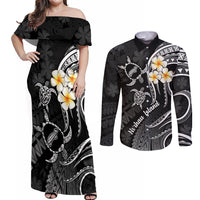 Polynesian Hawaii Couples Off Shoulder Maxi Dress and Long Sleeve Button Shirts Niihau Islands with Pacific Plumeria White Vibe LT9 White - Polynesian Pride
