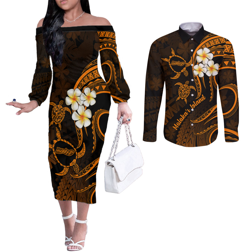 Hawaii Couples Off The Shoulder Long Sleeve Dress and Long Sleeve Button Shirts Molokai Islands Polynesian Sunset Plumeria Gold Vibe LT9 Gold - Polynesian Pride