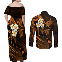 Hawaii Couples Off Shoulder Maxi Dress and Long Sleeve Button Shirts Molokai Islands Polynesian Sunset Plumeria Gold Vibe LT9 - Polynesian Pride