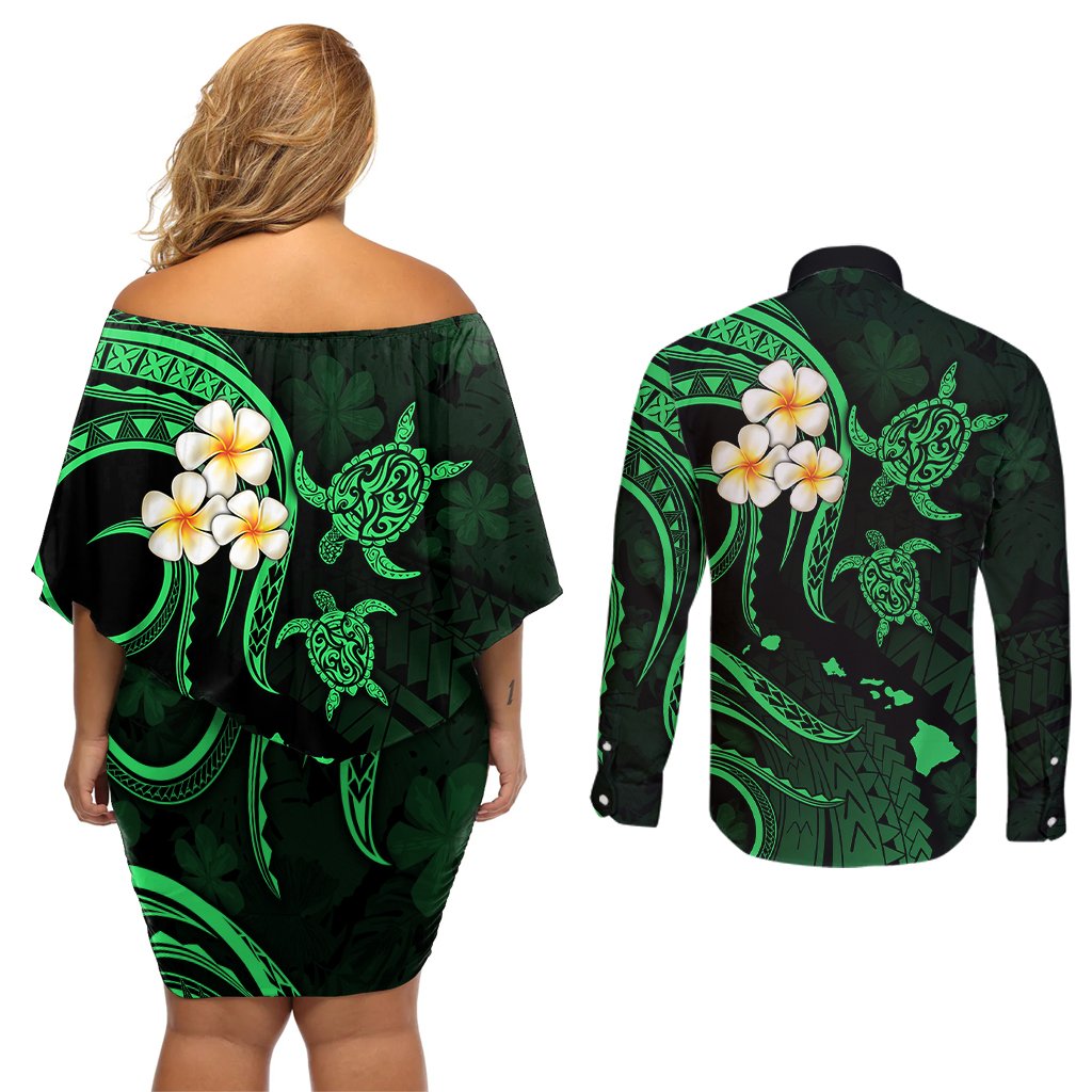 Hawaii Couples Off Shoulder Short Dress and Long Sleeve Button Shirts Molokai Islands Polynesian Sunset Plumeria Green Vibe LT9 - Polynesian Pride