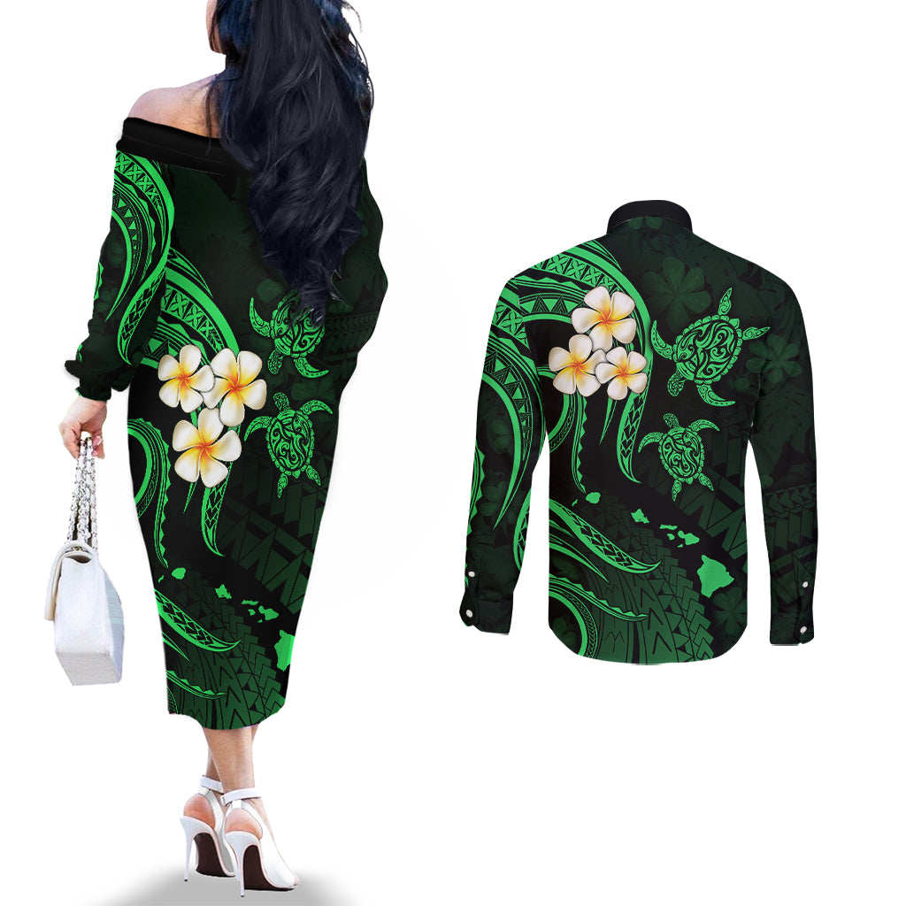Hawaii Couples Off The Shoulder Long Sleeve Dress and Long Sleeve Button Shirts Molokai Islands Polynesian Sunset Plumeria Green Vibe LT9 - Polynesian Pride