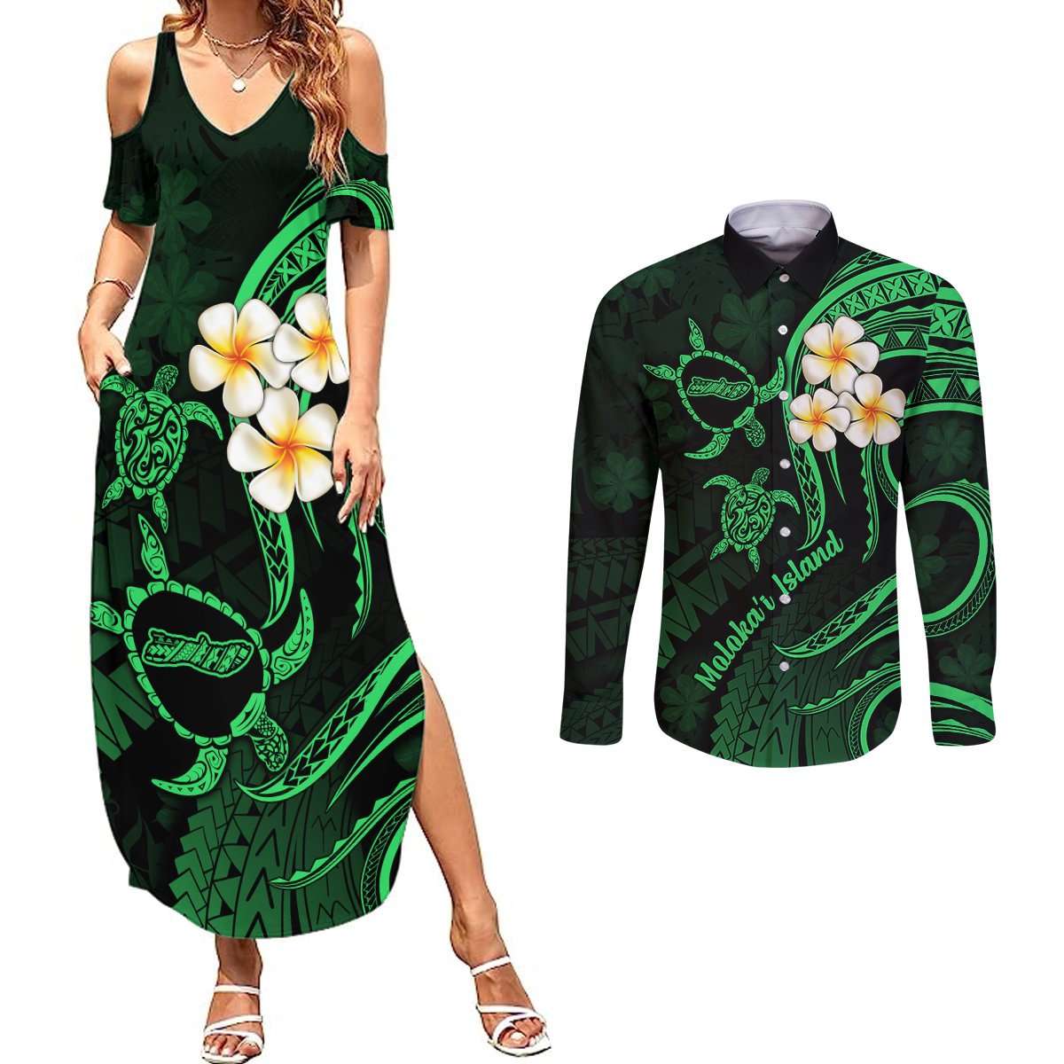 Hawaii Couples Summer Maxi Dress and Long Sleeve Button Shirts Molokai Islands Polynesian Sunset Plumeria Green Vibe LT9 Green - Polynesian Pride