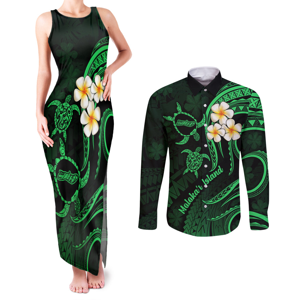 Hawaii Couples Matching Tank Maxi Dress and Long Sleeve Button Shirts Molokai Islands Polynesian Sunset Plumeria Green Vibe LT9 Green - Polynesian Pride