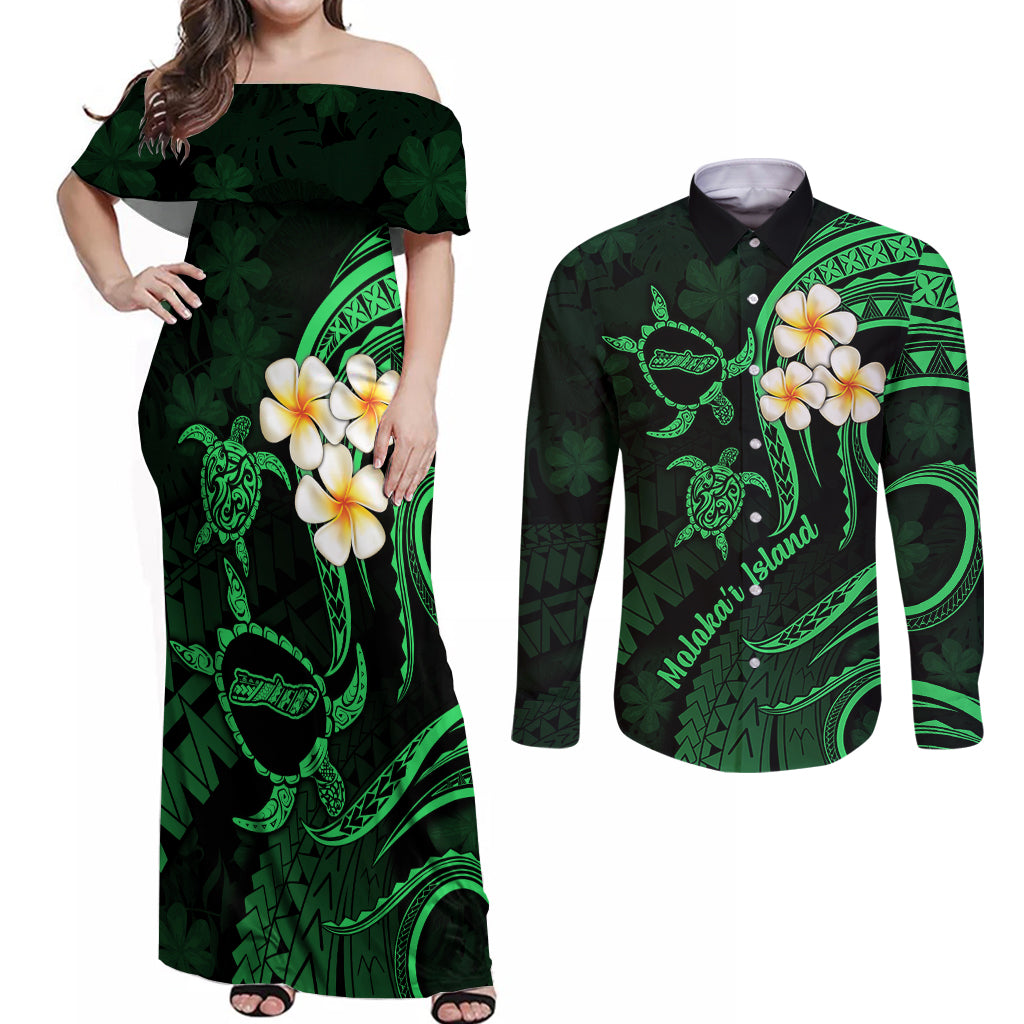 Hawaii Couples Off Shoulder Maxi Dress and Long Sleeve Button Shirts Molokai Islands Polynesian Sunset Plumeria Green Vibe LT9 Green - Polynesian Pride