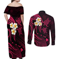 Hawaii Couples Off Shoulder Maxi Dress and Long Sleeve Button Shirts Molokai Islands Polynesian Sunset Plumeria Pink Vibe LT9 - Polynesian Pride