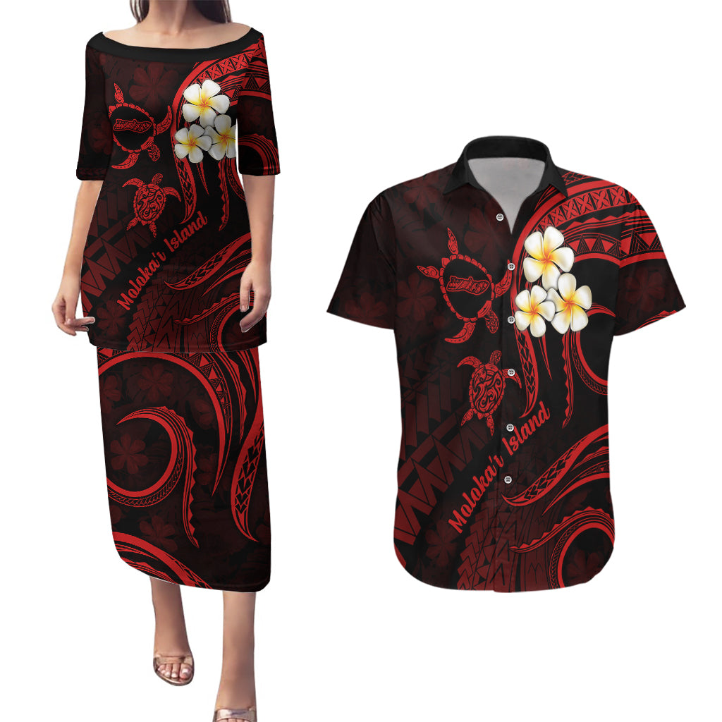 Polynesian Hawaii Couples Puletasi Dress and Hawaiian Shirt Molokai Islands with Pacific Plumeria Red Vibe LT9 Red - Polynesian Pride