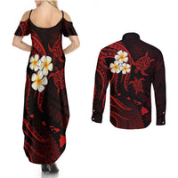 Polynesian Hawaii Couples Summer Maxi Dress and Long Sleeve Button Shirts Molokai Islands with Pacific Plumeria Red Vibe LT9 - Polynesian Pride