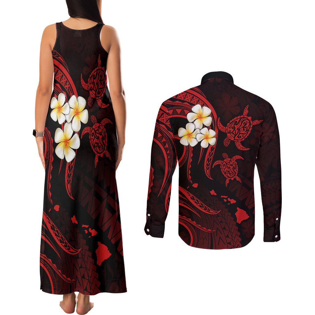 Polynesian Hawaii Couples Matching Tank Maxi Dress and Long Sleeve Button Shirts Molokai Islands with Pacific Plumeria Red Vibe LT9 - Polynesian Pride