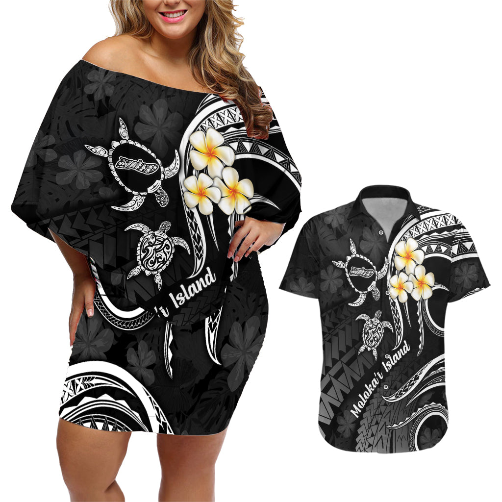 Polynesian Hawaii Couples Off Shoulder Short Dress and Hawaiian Shirt Molokai Islands with Pacific Plumeria White Vibe LT9 White - Polynesian Pride