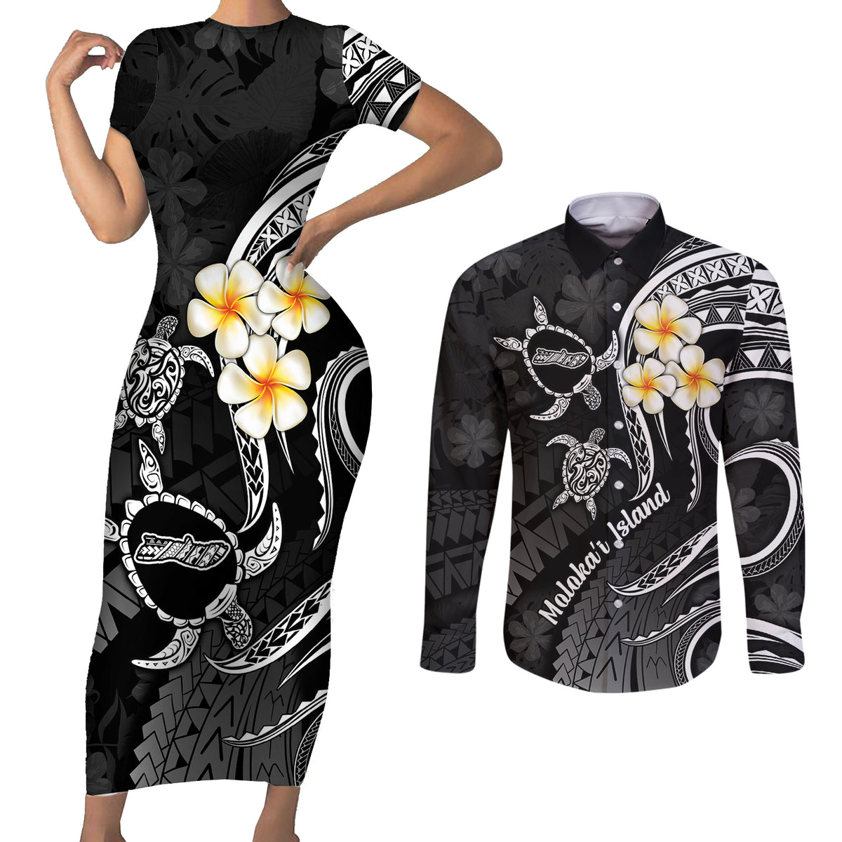 Polynesian Hawaii Couples Short Sleeve Bodycon Dress and Long Sleeve Button Shirts Molokai Islands with Pacific Plumeria White Vibe LT9 White - Polynesian Pride