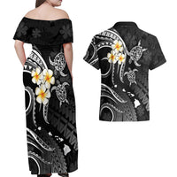 Polynesian Hawaii Couples Off Shoulder Maxi Dress and Hawaiian Shirt Molokai Islands with Pacific Plumeria White Vibe LT9 - Polynesian Pride