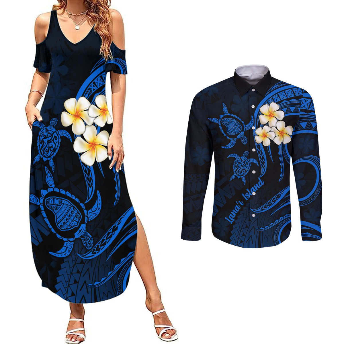 Hawaii Couples Summer Maxi Dress and Long Sleeve Button Shirts Lanai Islands Polynesian Sunset Plumeria Blue Vibe LT9 Blue - Polynesian Pride