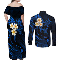 Hawaii Couples Off Shoulder Maxi Dress and Long Sleeve Button Shirts Lanai Islands Polynesian Sunset Plumeria Blue Vibe LT9 - Polynesian Pride