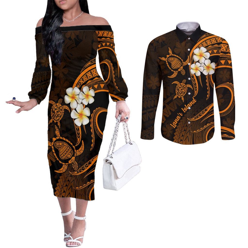 Hawaii Couples Off The Shoulder Long Sleeve Dress and Long Sleeve Button Shirts Lanai Islands Polynesian Sunset Plumeria Gold Vibe LT9 Gold - Polynesian Pride