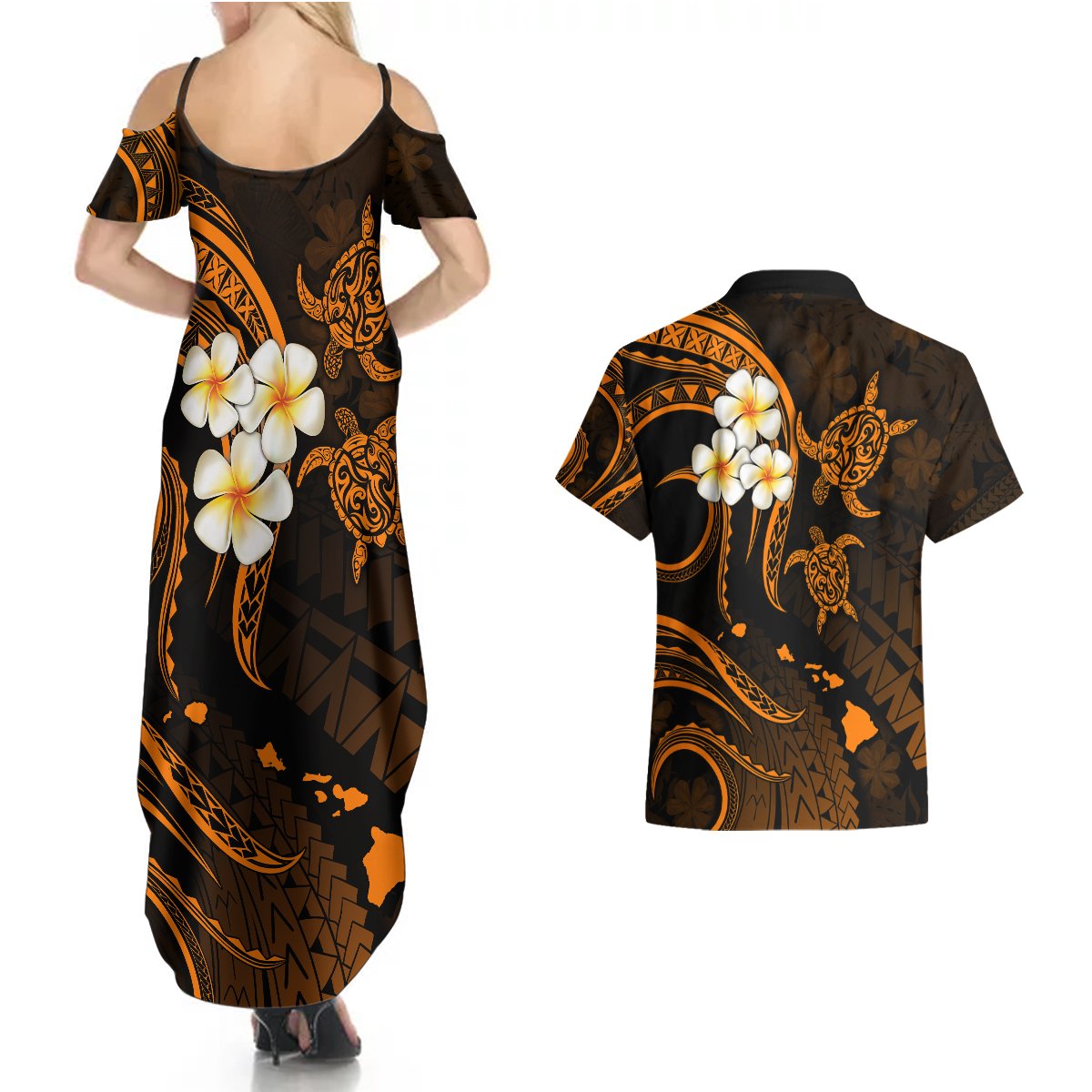 Hawaii Couples Summer Maxi Dress and Hawaiian Shirt Lanai Islands Polynesian Sunset Plumeria Gold Vibe LT9 - Polynesian Pride
