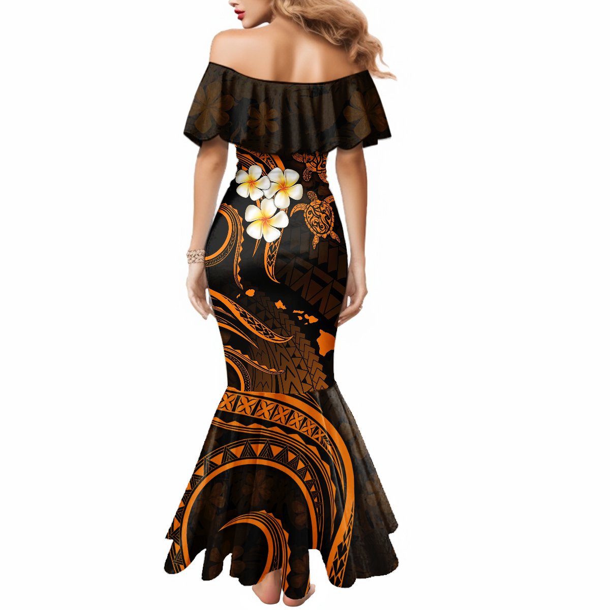 Hawaii Mermaid Dress Lanai Islands Polynesian Sunset Plumeria Gold Vibe LT9 - Polynesian Pride